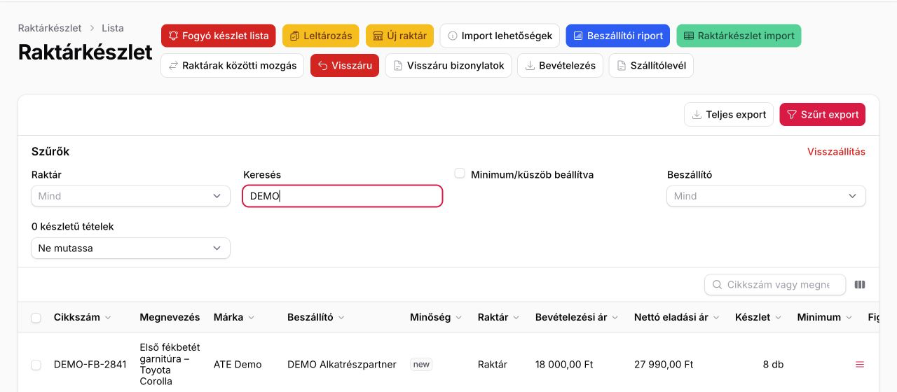 CentrumOS raktárkészlet demó fékbetét tétellel